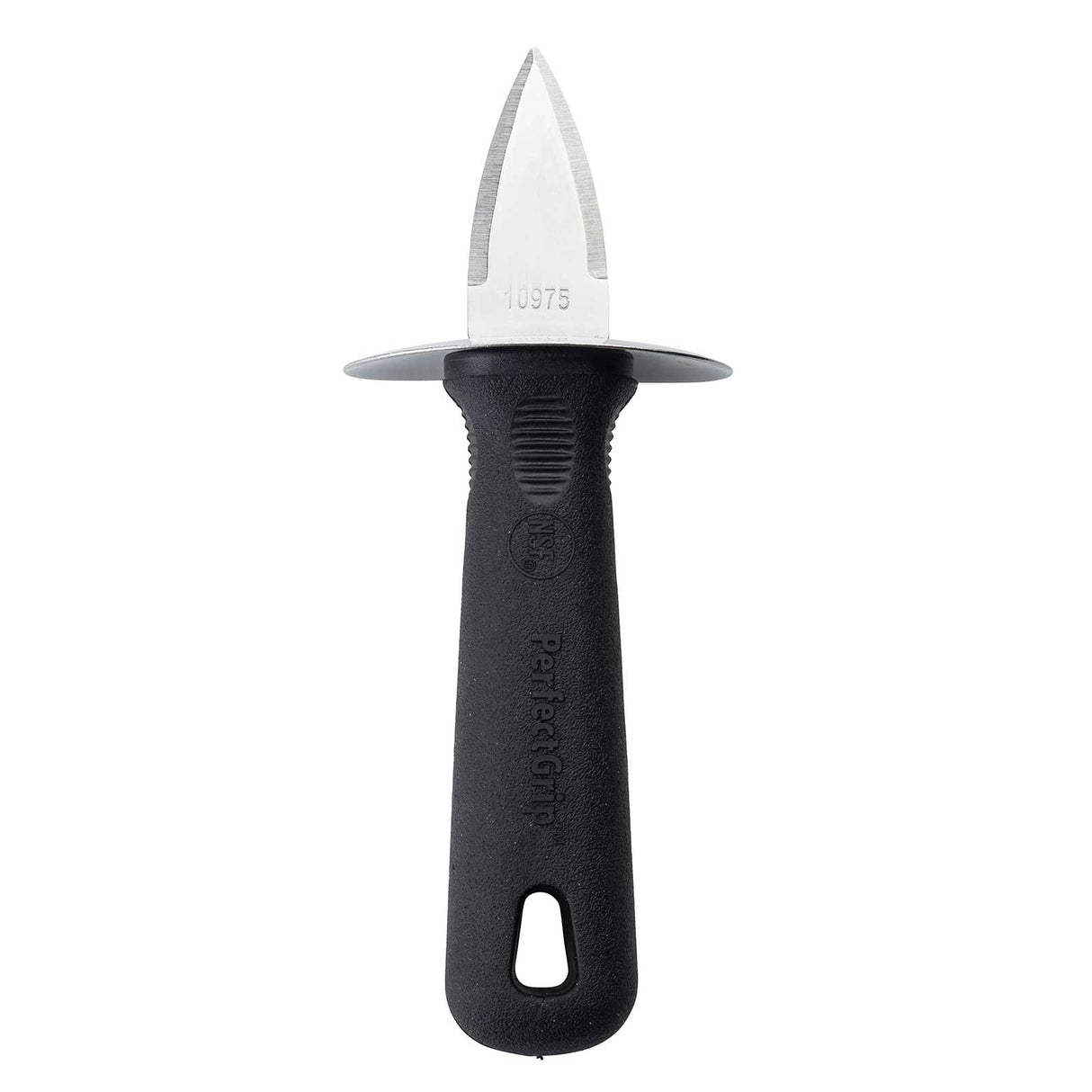 A stainless steel Oyster Shucker with a short, pointed blade and wide guard. The black textured PerfectGrip handle features an oval hanging hole, while the blade is engraved with the number 10975.
