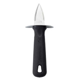 A stainless steel Oyster Shucker with a short, pointed blade and wide guard. The black textured PerfectGrip handle features an oval hanging hole, while the blade is engraved with the number 10975.