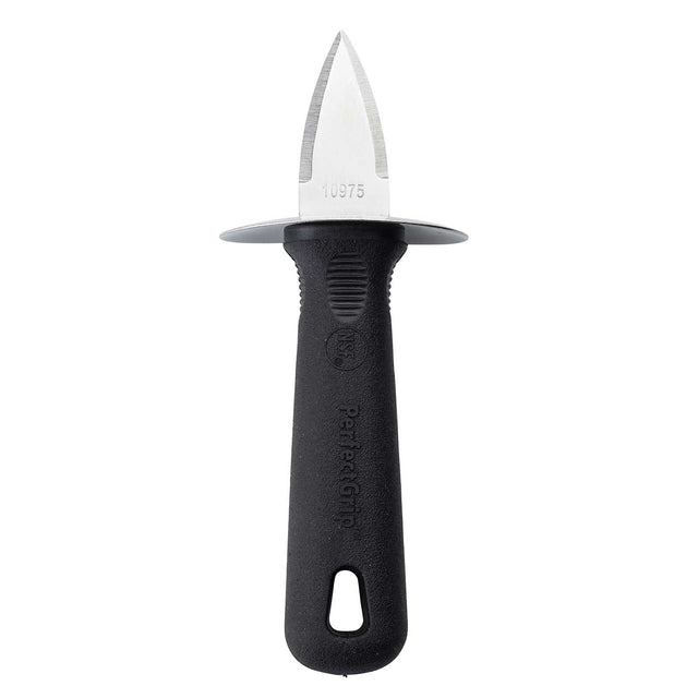 A stainless steel Oyster Shucker with a short, pointed blade and wide guard. The black textured PerfectGrip handle features an oval hanging hole, while the blade is engraved with the number 10975.