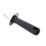 A stainless steel Oyster Shucker with a short, pointed blade and a black ergonomic PerfectGrip handle featuring a round guard and a convenient hole for hanging. The textured handle ensures comfort and control.