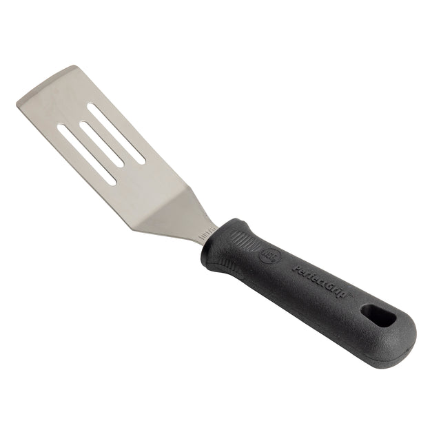 The TableCraft Products PerfectGrip Slotted Spatula features a flat, rectangular stainless steel spatula blade and a black textured handle with a hanging hole. It’s shown against a white background.