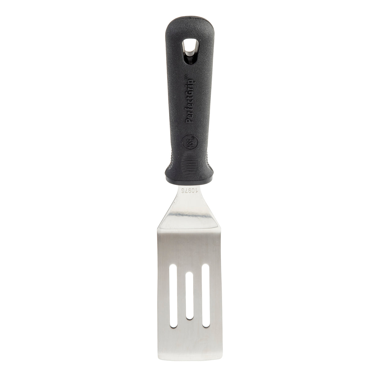 The PerfectGrip Slotted Spatula by TableCraft Products features a stainless steel blade with two long slots and a beveled edge, ideal for flipping and serving food. Its ergonomic, textured black handle includes a hole for convenient hanging.