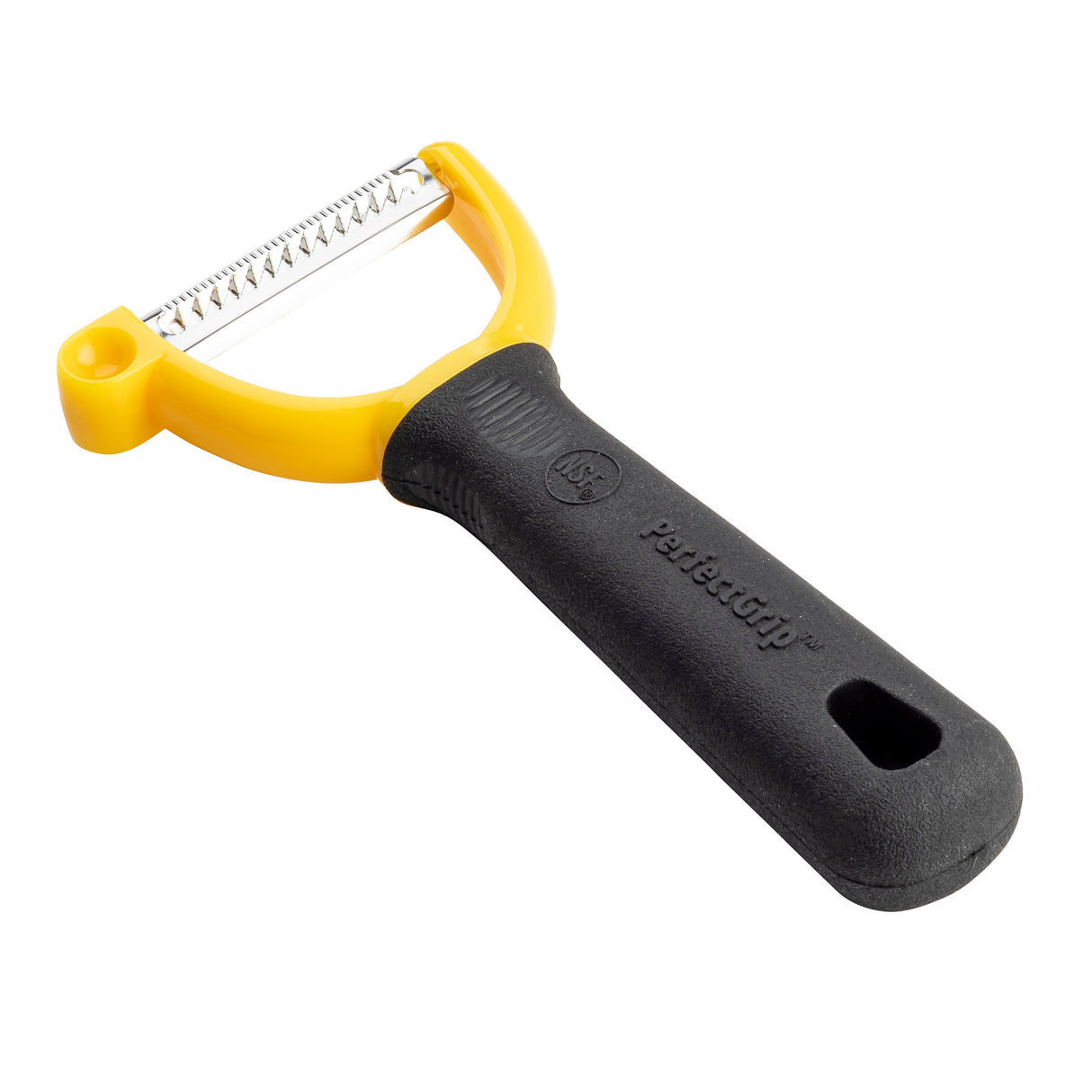 A yellow and black handheld pet grooming tool with a serrated stainless steel peeler blade and a comfortable rubberized grip handle featuring the text “Petstages Perfect Grip.” The tool is designed for removing loose fur from pets.