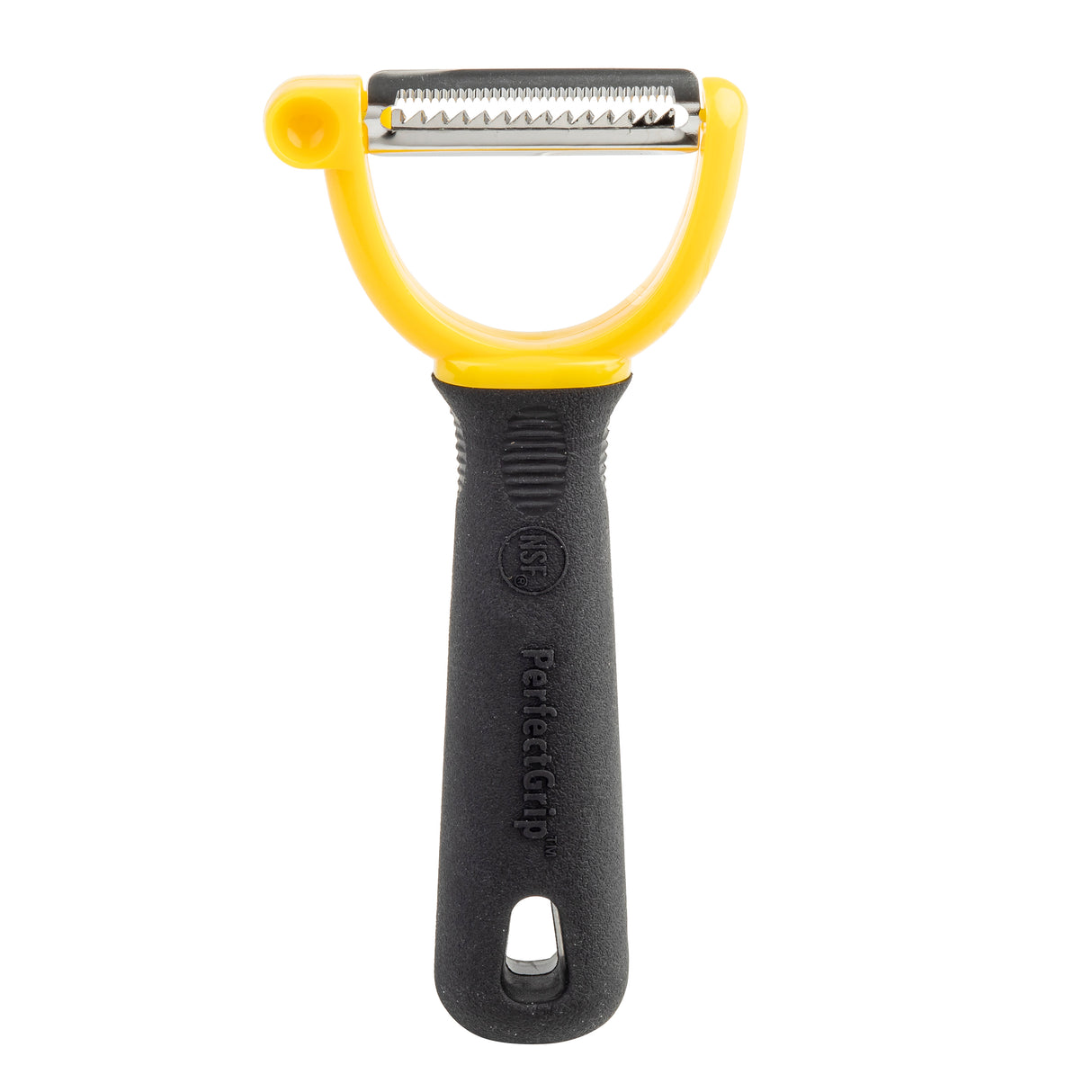 A black-handled PerfectGrip Peeler with a yellow U-shaped frame and serrated stainless steel blade. This stainless steel peeler features textured grips, a hanging hole, and "PerfectGrip" embossed on the handle. Shown on a white background.