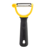 A black-handled PerfectGrip Peeler with a yellow U-shaped frame and serrated stainless steel blade. This stainless steel peeler features textured grips, a hanging hole, and "PerfectGrip" embossed on the handle. Shown on a white background.