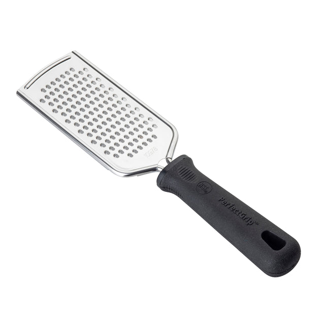 A stainless steel small hole grater with a rectangular surface and sturdy black PerfectGrip handle labeled “Pampered Chef,” designed for a comfortable grip during all your grating tasks.