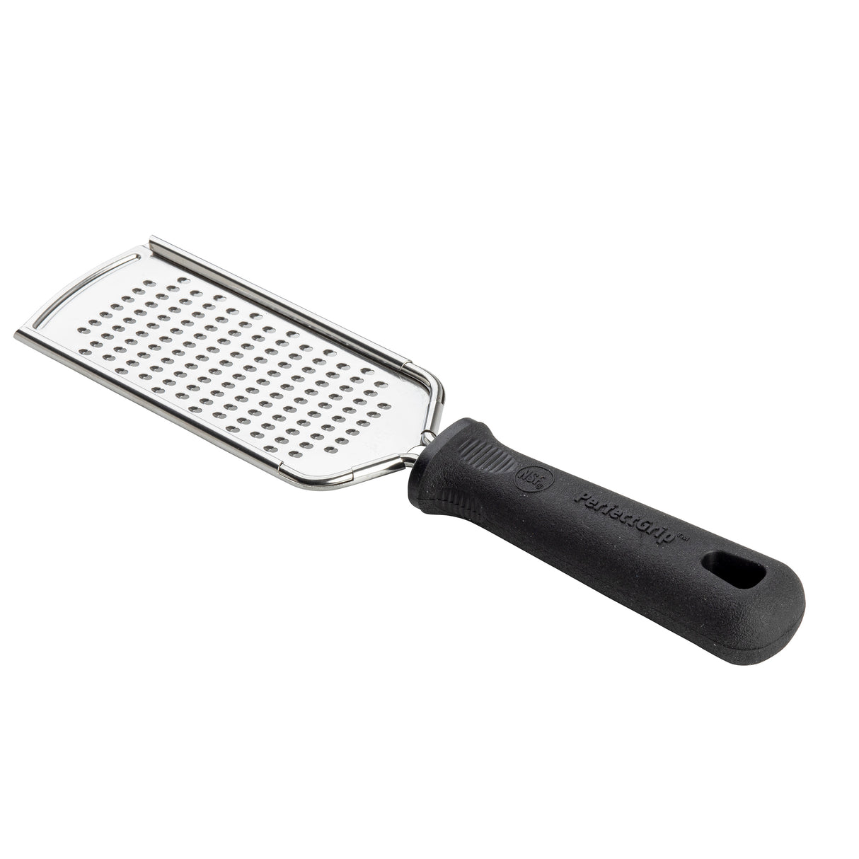 The PerfectGrip Grater is a stainless steel handheld grater with a flat, rectangular surface and an ergonomic black handle. Its medium-sized holes are ideal for shredding cheese or vegetables, and the handle includes a hanging hole for easy storage.