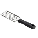 The PerfectGrip Grater is a stainless steel handheld grater with a flat, rectangular surface and an ergonomic black handle. Its medium-sized holes are ideal for shredding cheese or vegetables, and the handle includes a hanging hole for easy storage.
