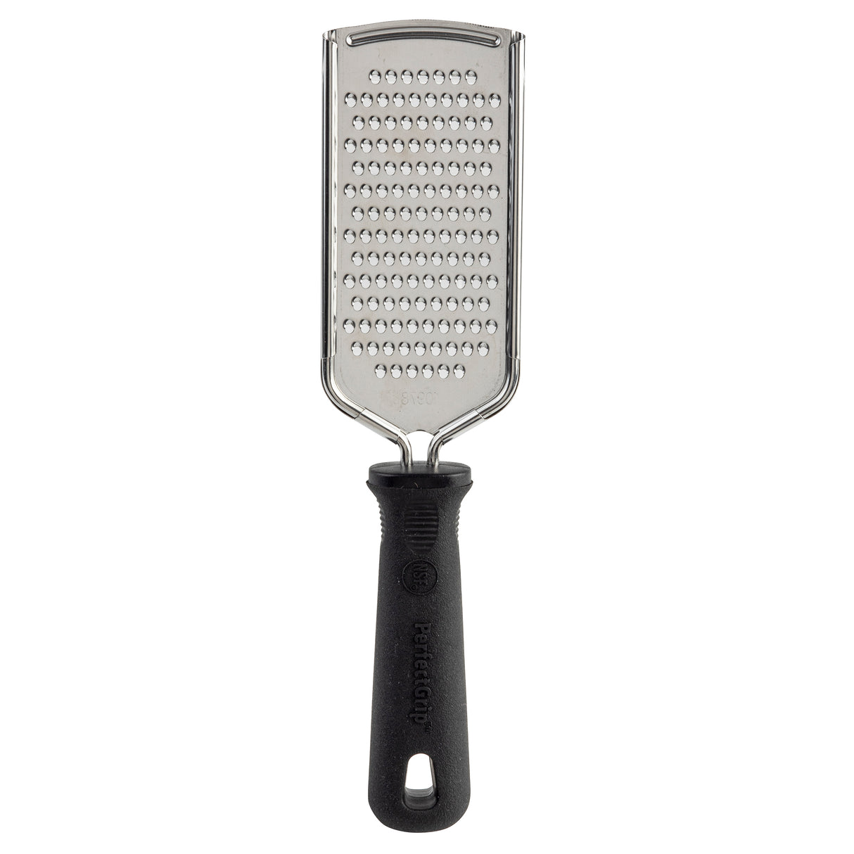 A stainless steel grater with a rectangular, flat grating surface featuring many small, raised holes and a black PerfectGrip handle with a hole at the end for hanging. The small hole grater is photographed against a white background.