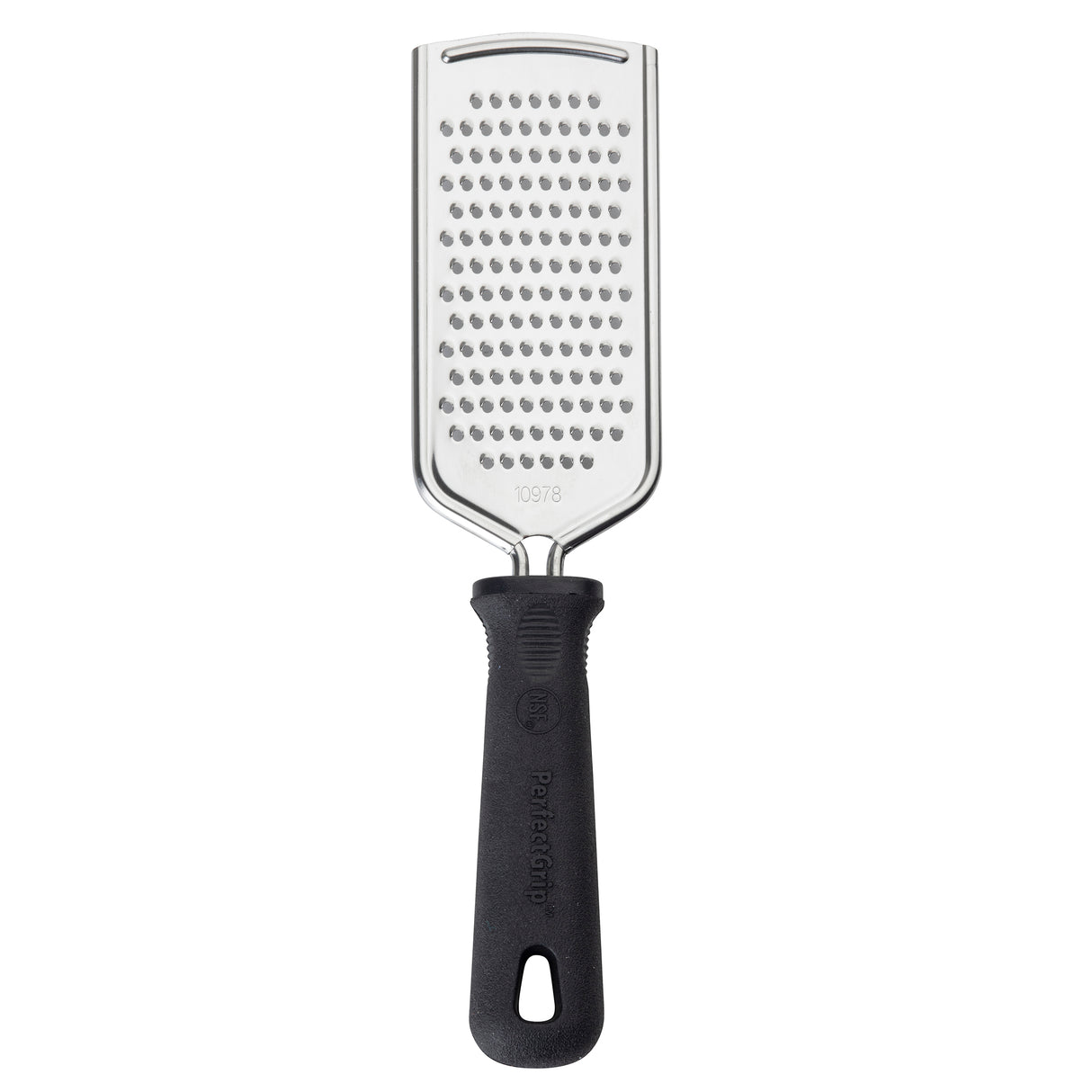 The PerfectGrip Grater is a stainless steel grater with a black ergonomic handle. Its small hole grater surface ensures fine shredding, while the Pampered Chef logo is embossed on the handle, which also features a hanging hole for easy storage.