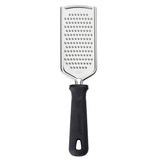 The PerfectGrip Grater is a stainless steel grater with a black ergonomic handle. Its small hole grater surface ensures fine shredding, while the Pampered Chef logo is embossed on the handle, which also features a hanging hole for easy storage.