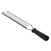 The TableCraft PerfectGrip Grater is a stainless steel hand grater with a long, narrow surface and a black plastic handle featuring a hanging hole. Its sharp perforations are perfect for zesting or finely grating food.