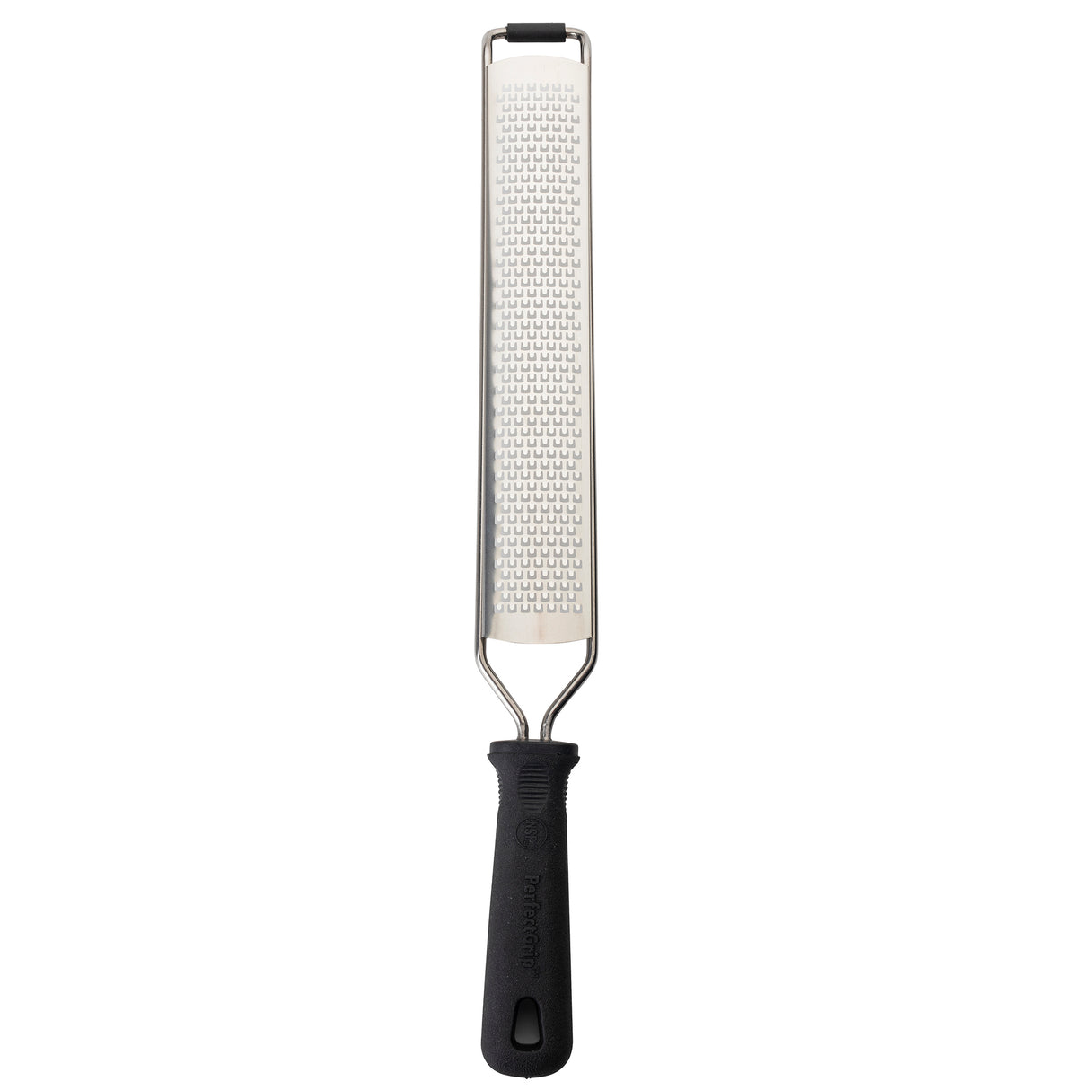 The PerfectGrip Grater by TableCraft is a stainless steel grater with a long, narrow surface and fine, sharp holes. Its black, textured handle ensures a secure grip and the simple design makes it ideal for zesting or grating foods.