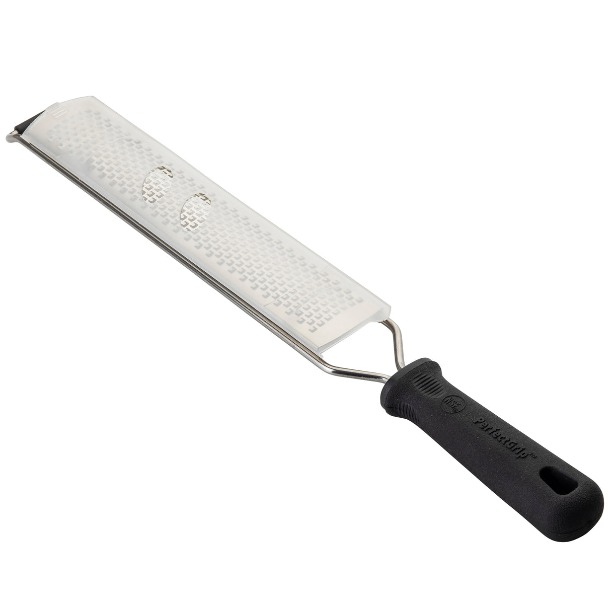 A metal handheld stainless steel grater with a long, narrow grating surface and a black PerfectGrip handle. Ideal for zesting or finely grating cheese, citrus, or spices. The handle features “Microplane” embossed on it.