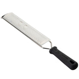 A metal handheld stainless steel grater with a long, narrow grating surface and a black PerfectGrip handle. Ideal for zesting or finely grating cheese, citrus, or spices. The handle features “Microplane” embossed on it.