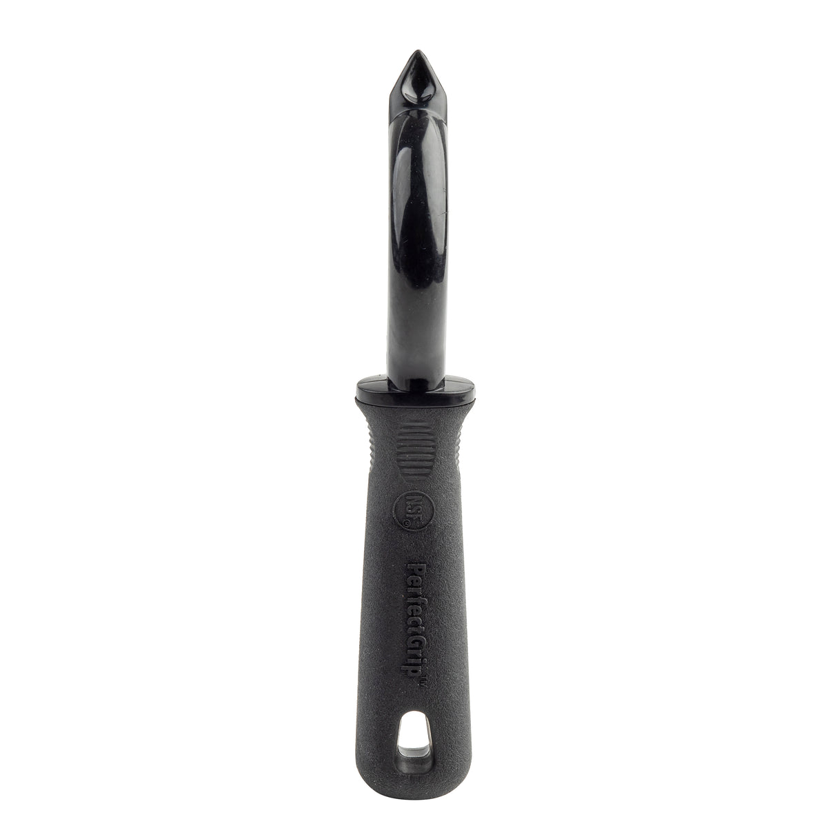 A black Perfect Grip Straight Peeler with a pointed stainless steel blade and ergonomic, textured handle. The handle, embossed “Perfectgrip” and with a hanging hole, showcases this stainless steel peeler vertically against a white background.