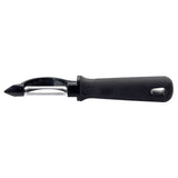 A black serrated edge peeler with a stainless steel blade, ergonomic textured handle, and a hanging hole. The Perfect Grip Straight Peeler features a horizontal blade across the top and a pointed tip for removing blemishes.