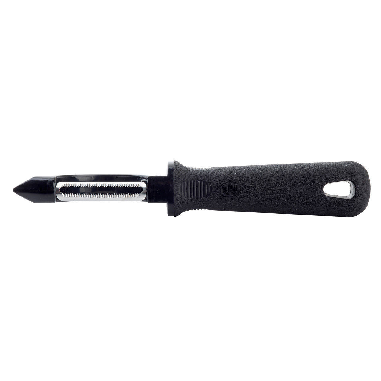 A black-handled Perfect Grip Straight Peeler with a metal serrated blade and pointed tip. The stainless steel peeler features a hole for hanging and a textured grip, laying horizontally on a white background.