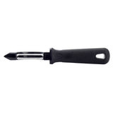 A black-handled Perfect Grip Straight Peeler with a metal serrated blade and pointed tip. The stainless steel peeler features a hole for hanging and a textured grip, laying horizontally on a white background.