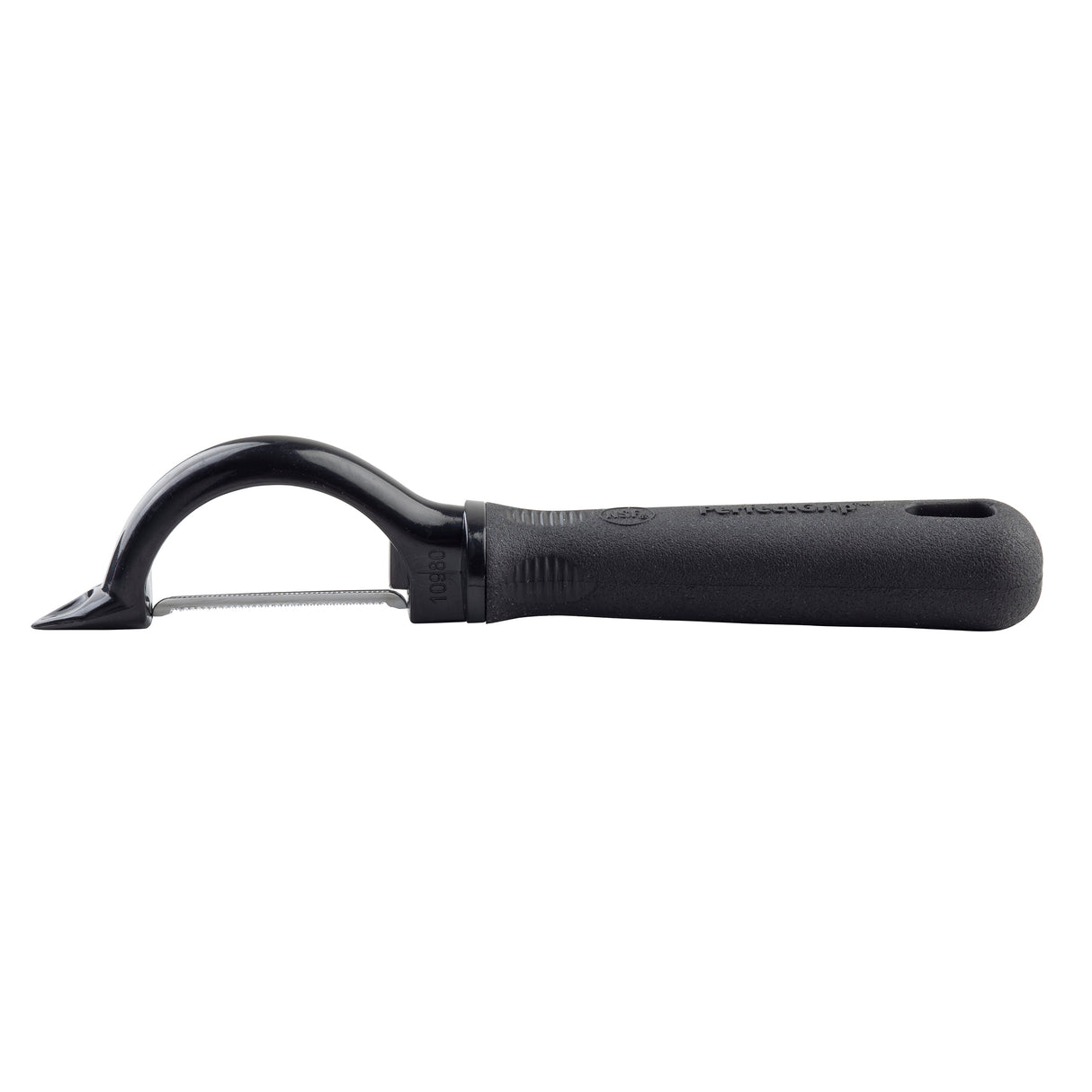 A black-handled serrated edge peeler with a curved, ergonomic design. The sharp stainless steel blade extends horizontally, while the textured grip and hanging hole make this Perfect Grip Straight Peeler ideal for effortless prep on a white background.