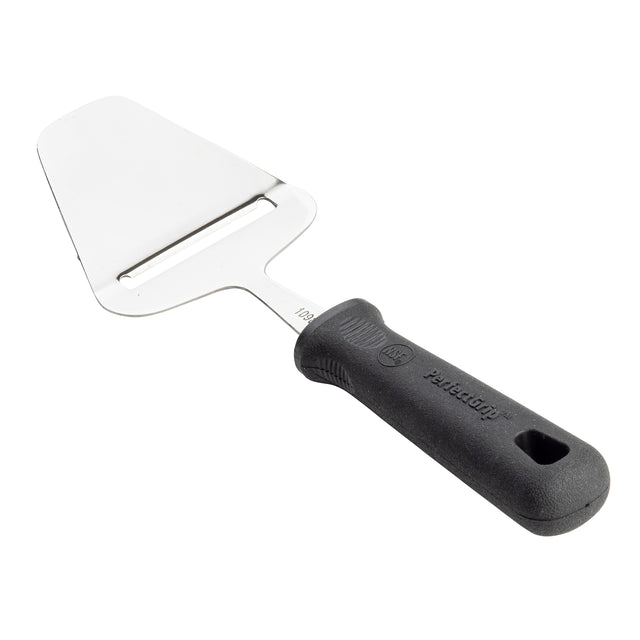A stainless steel cheese plane with a flat, triangular blade and horizontal slot is attached to a black, textured PerfectGrip Cheese Plane handle. The slicer’s angled design highlights its reflective surface and sturdy construction.