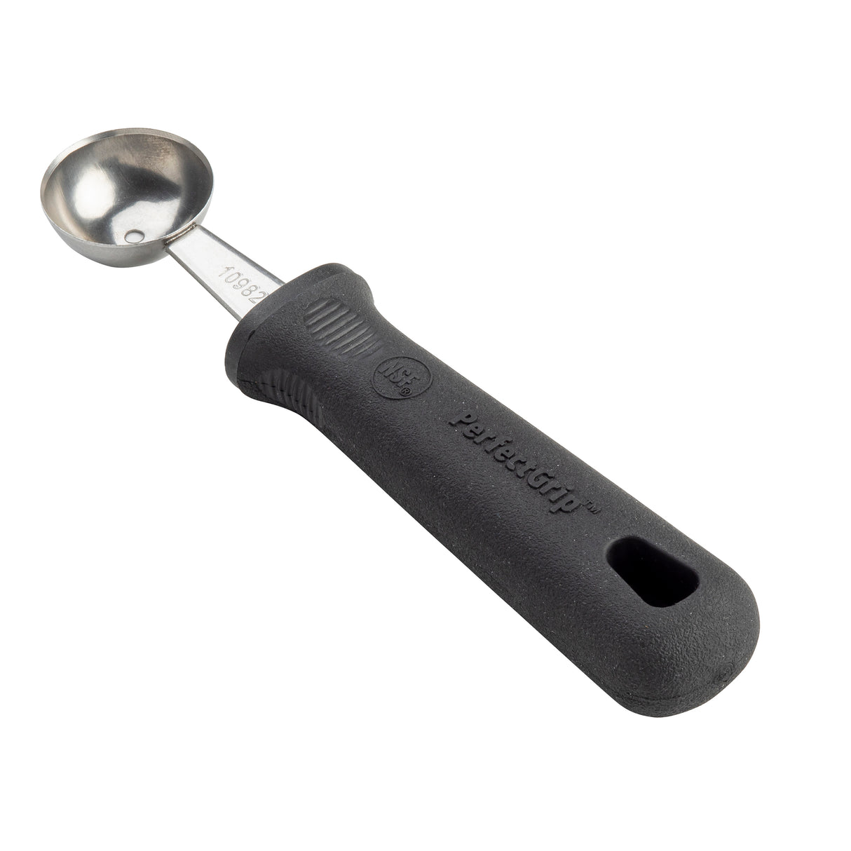 A stainless steel melon baller with a shiny round scoop and sturdy black PerfectGrip handle from TableCraft Products. The textured sides offer secure grip, and a hanging hole adds convenience to this PerfectGrip Melon Baller.
