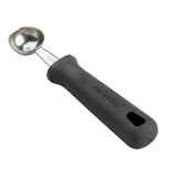 A stainless steel melon baller with a shiny round scoop and sturdy black PerfectGrip handle from TableCraft Products. The textured sides offer secure grip, and a hanging hole adds convenience to this PerfectGrip Melon Baller.