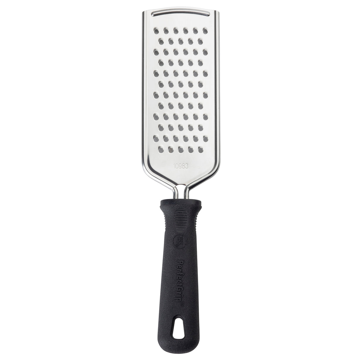 The PerfectGrip Grater is a stainless steel grater with medium-sized holes and a black ergonomic handle featuring a hanging hole. Its rectangular, slightly curved surface is ideal for shredding cheese or vegetables against a white background.