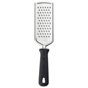 The PerfectGrip Grater is a stainless steel grater with medium-sized holes and a black ergonomic handle featuring a hanging hole. Its rectangular, slightly curved surface is ideal for shredding cheese or vegetables against a white background.