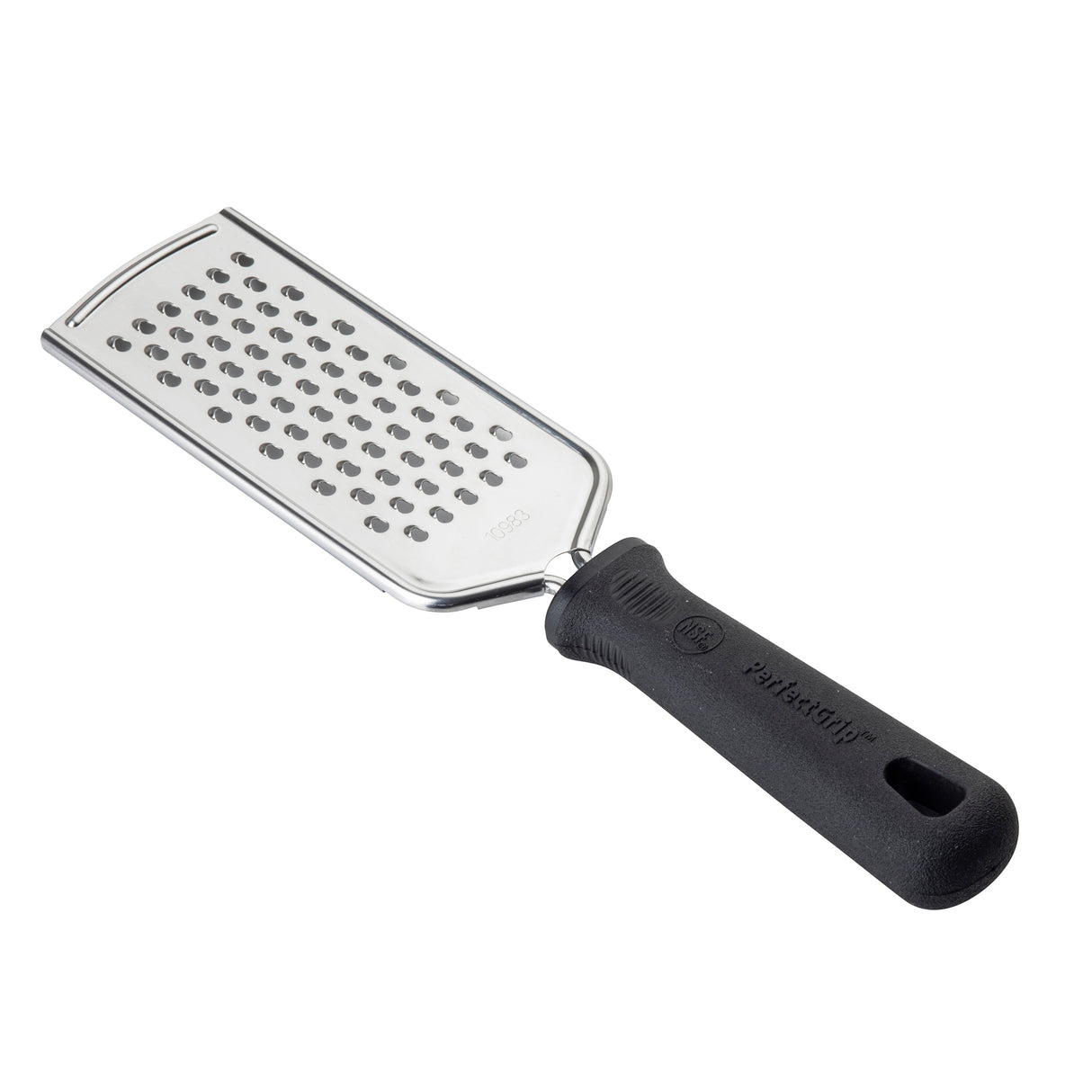 A stainless steel PerfectGrip Grater with a rectangular surface featuring medium holes and a black, ergonomic handle. The textured grip ensures comfort, and a hole at the end allows for hanging. The grater is positioned diagonally.