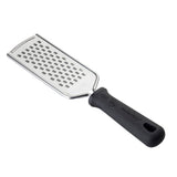 A stainless steel PerfectGrip Grater with a rectangular surface featuring medium holes and a black, ergonomic handle. The textured grip ensures comfort, and a hole at the end allows for hanging. The grater is positioned diagonally.