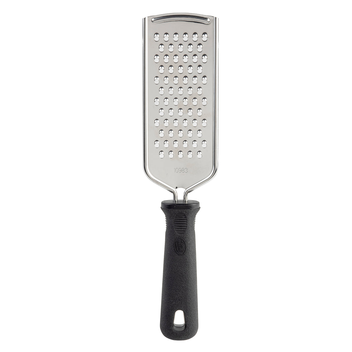 The PerfectGrip Grater is a stainless steel grater with a rectangular surface and rows of medium holes. Its black, textured handle offers comfort and includes a hanging hole. The design is simple and utilitarian against a plain white background.