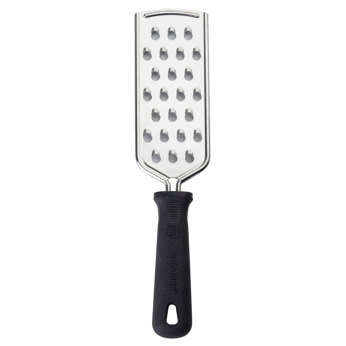A stainless steel grater with a rectangular large hole grating surface, attached to a black PerfectGrip handle featuring a textured grip and hanging hole. The simple, functional design is ideal for quick and easy shredding.