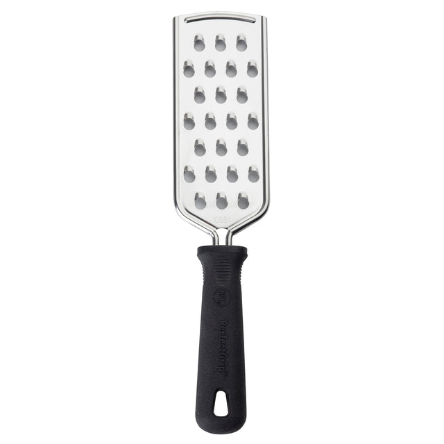 A stainless steel grater with a rectangular large hole grating surface, attached to a black PerfectGrip handle featuring a textured grip and hanging hole. The simple, functional design is ideal for quick and easy shredding.