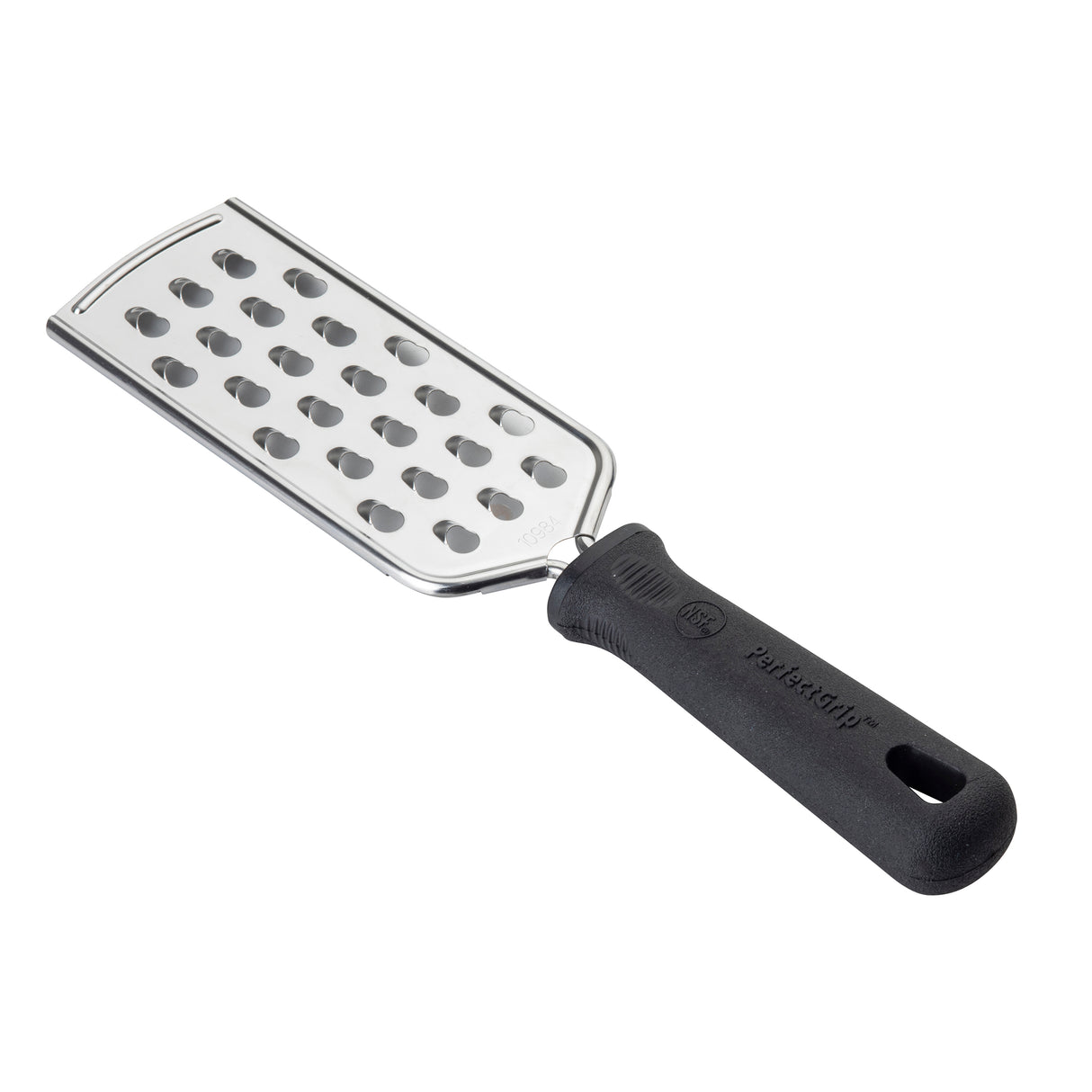 A flat, rectangular stainless steel grater with large oval holes, the PerfectGrip Grater features a sturdy black ergonomic handle and a hole for hanging. Its shiny, reflective surface makes it ideal as a large hole grater for easy shredding.