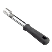 The PerfectGrip Apple Corer features a stainless steel, serrated round cutting end and a black, textured handle with a convenient hanging hole. The tool is angled slightly upward and ready for use.