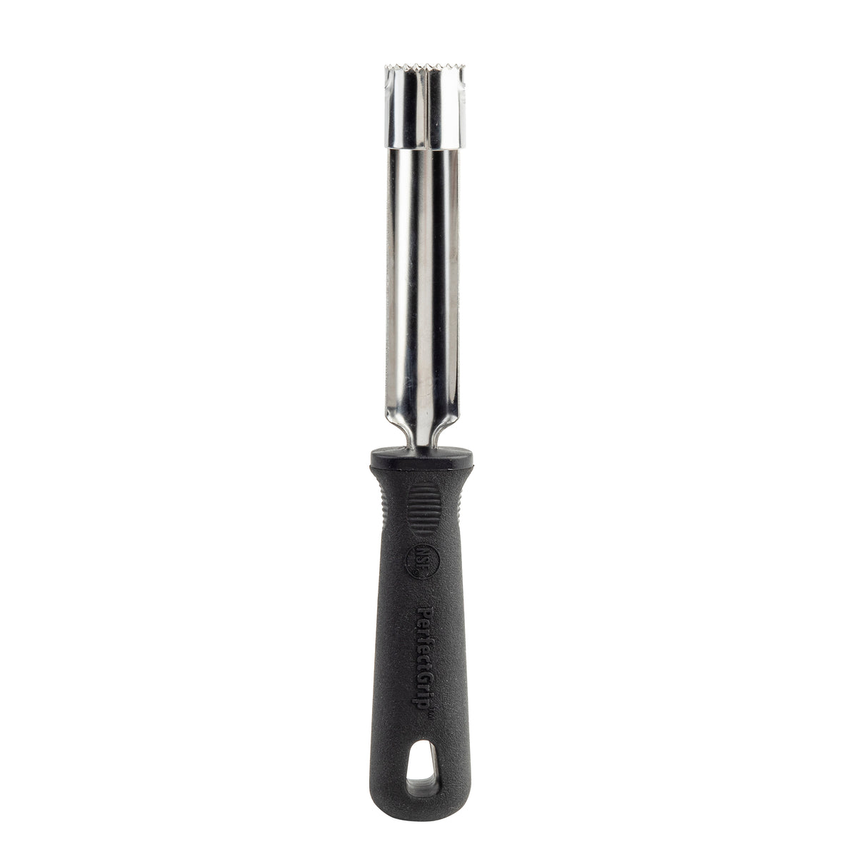 The PerfectGrip Apple Corer features a serrated stainless steel circular blade for easy coring and a black handle with a hanging hole. Photographed on a plain white background, it's designed for comfort and efficiency.