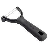A black-handled Y peeler with a serrated stainless steel blade, perfect for peeling fruits and vegetables. The ergonomic handle features a textured grip and a hole at the end for convenient hanging.
