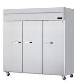 A large, stainless steel, three-section commercial freezer with tall doors and horizontal handles. This reach-in freezer is on wheels for mobility and features a digital control panel in the upper right corner for modern, industrial appeal.