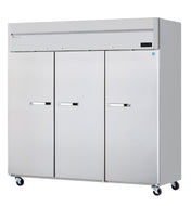 A large, stainless steel, three-section commercial freezer with tall doors and horizontal handles. This reach-in freezer is on wheels for mobility and features a digital control panel in the upper right corner for modern, industrial appeal.