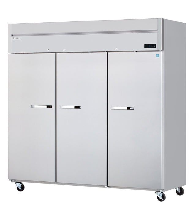 A large, stainless steel, three-section commercial freezer with tall doors and horizontal handles. This reach-in freezer is on wheels for mobility and features a digital control panel in the upper right corner for modern, industrial appeal.