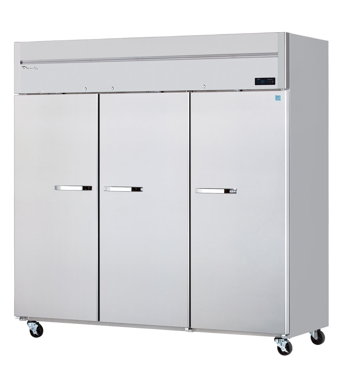 A large, stainless steel, three-section refrigerator with sturdy metal handles and caster wheels for mobility. A digital display on the upper right indicates temperature control features, making this an ideal commercial refrigerator.