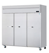 A large, stainless steel, three-section refrigerator with sturdy metal handles and caster wheels for mobility. A digital display on the upper right indicates temperature control features, making this an ideal commercial refrigerator.