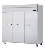 A large, stainless steel, three-section refrigerator with sturdy metal handles and caster wheels for mobility. A digital display on the upper right indicates temperature control features, making this an ideal commercial refrigerator.