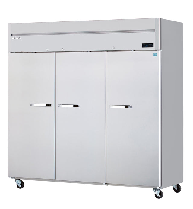 A large, stainless steel, three-section refrigerator with sturdy metal handles and caster wheels for mobility. A digital display on the upper right indicates temperature control features, making this an ideal commercial refrigerator.