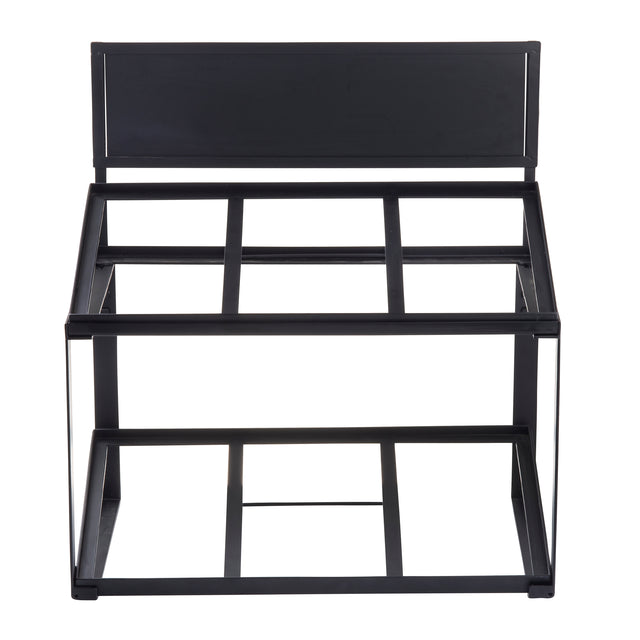 A black powder coated metal frame with an upright back panel and open rectangular sections. This minimalist tiered display stand, shown without shelves, is viewed from the front against a white background.