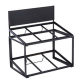 A black powder coated metal log rack with a rectangular base and slanted sides, designed for storing firewood. The back panel is solid, while the rest of the frame is open with horizontal and diagonal supports for stability. The structure is empty.