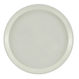 A plain, round, white plate viewed from above. The plate has a slightly raised rim and smooth, glossy surface with no patterns or decorations—reminiscent of an NSF-certified fiberglass tray. The background is completely white, emphasizing its simple design.