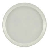 A plain, round, white plate viewed from above. The plate has a slightly raised rim and smooth, glossy surface with no patterns or decorations—reminiscent of an NSF-certified fiberglass tray. The background is completely white, emphasizing its simple design.