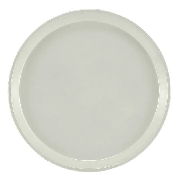 A plain, round, white plate viewed from above. The plate has a slightly raised rim and smooth, glossy surface with no patterns or decorations—reminiscent of an NSF-certified fiberglass tray. The background is completely white, emphasizing its simple design.